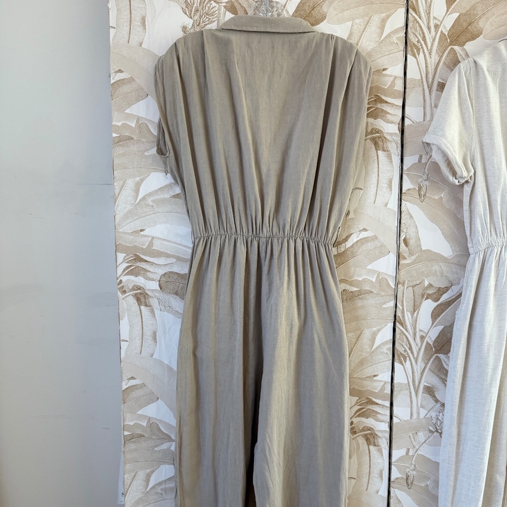 Beige Linen Blend Jumpsuit – Sleeveless Wrap Front Utility Romper - Picture 4 of 4